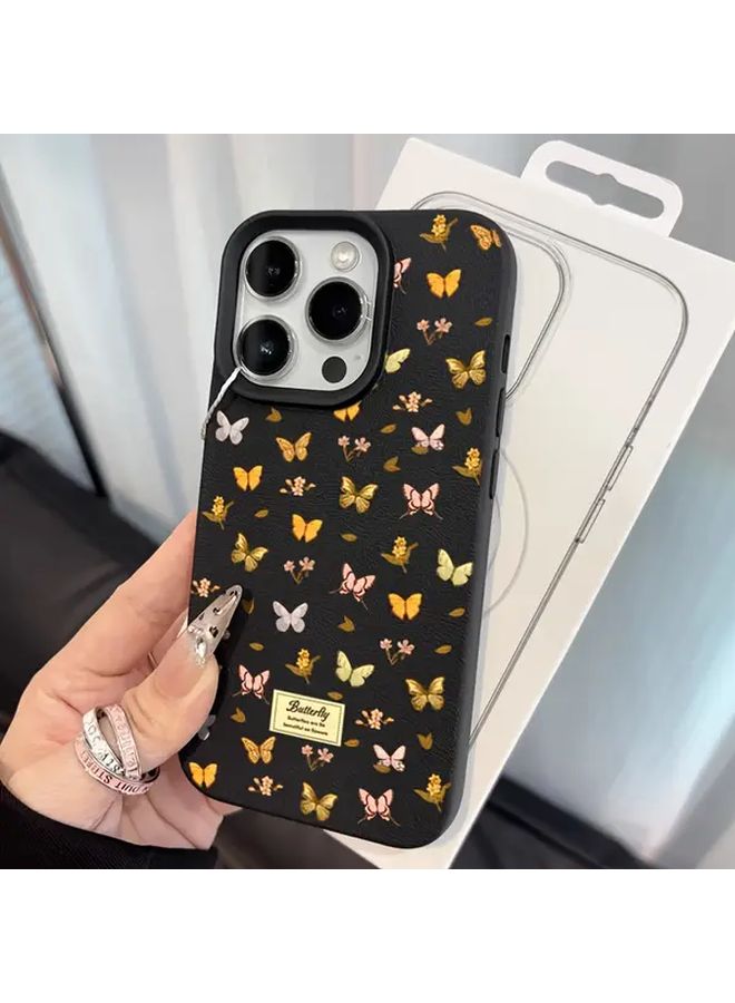 Black Butterfly Anti Drop Lychee Texture Phone Case For iPhone 14 - Image 2